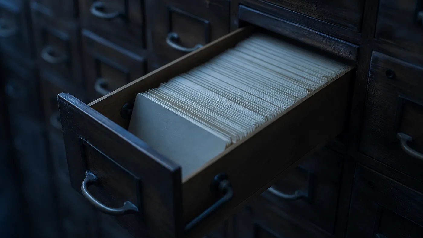 A card catalogue drawer pulled halfway open in dim blue light, showing tightly packed blank index cards seen edge on